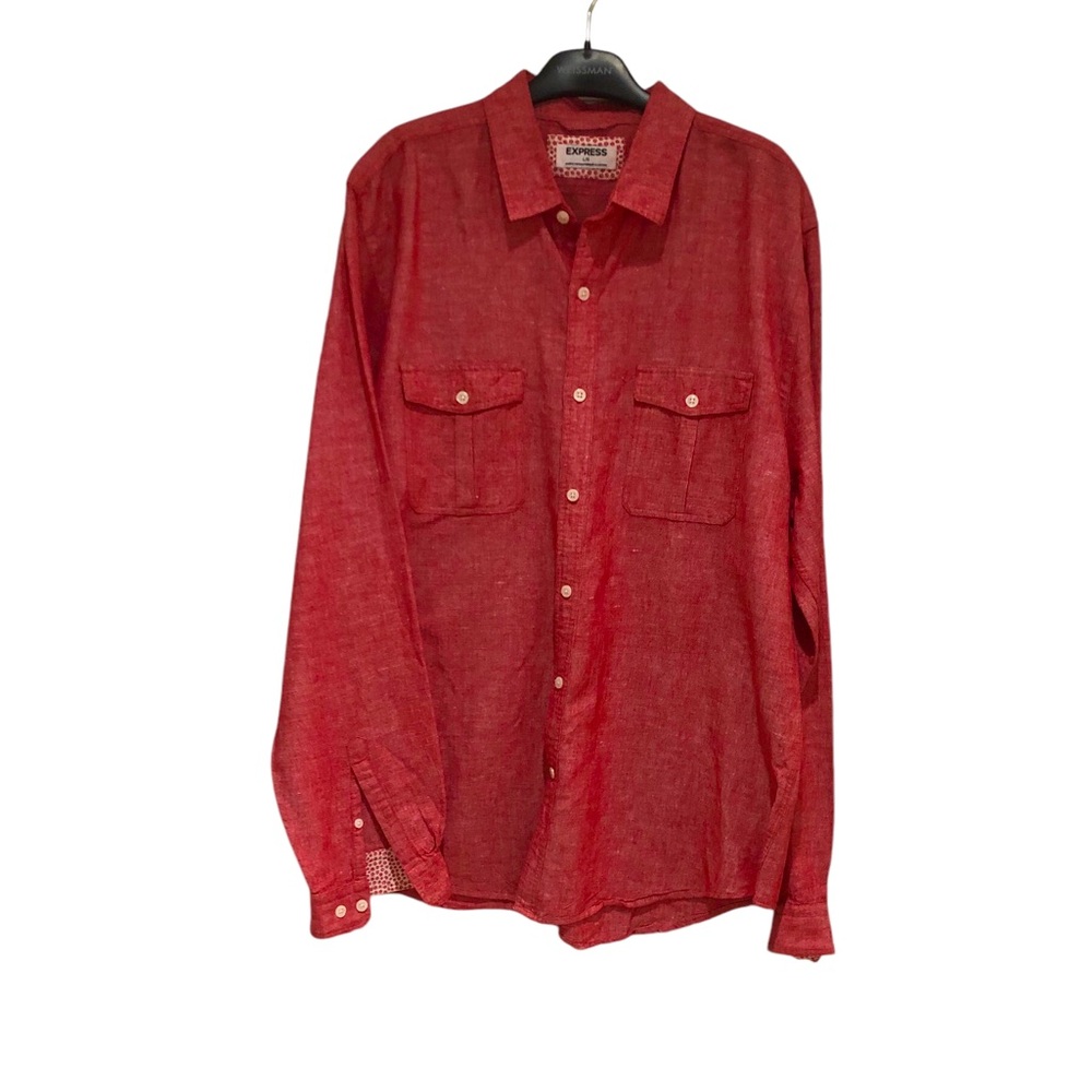 Express Red Long Sleeve Linen Cotton Blend Button Down Shirt Sz L